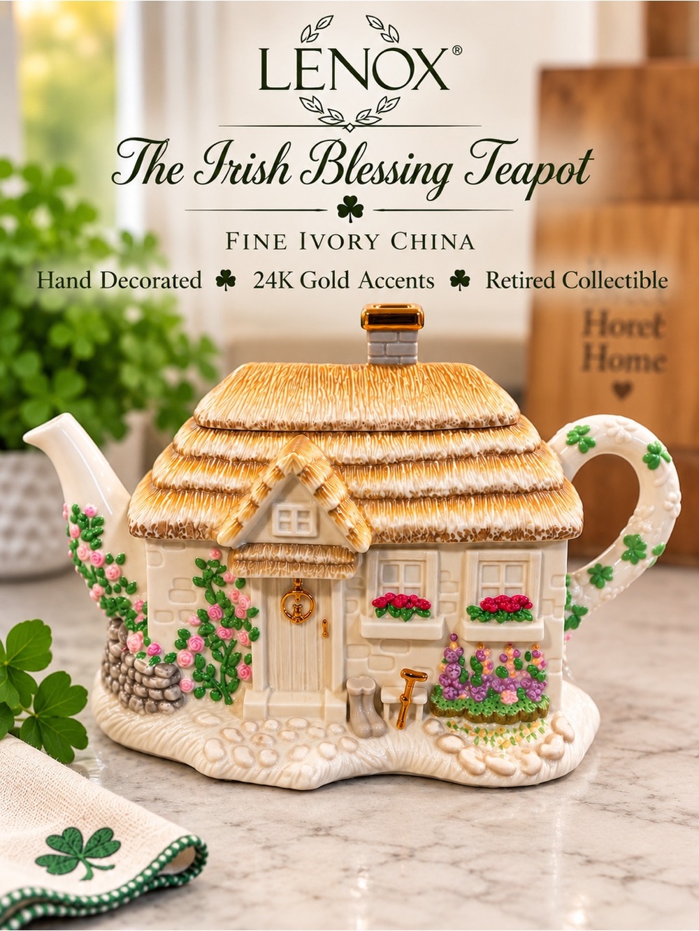 Lenox Irish Blessing Cottage Teapot | 2002 | Fine Ivory China | 24K Gold Accents